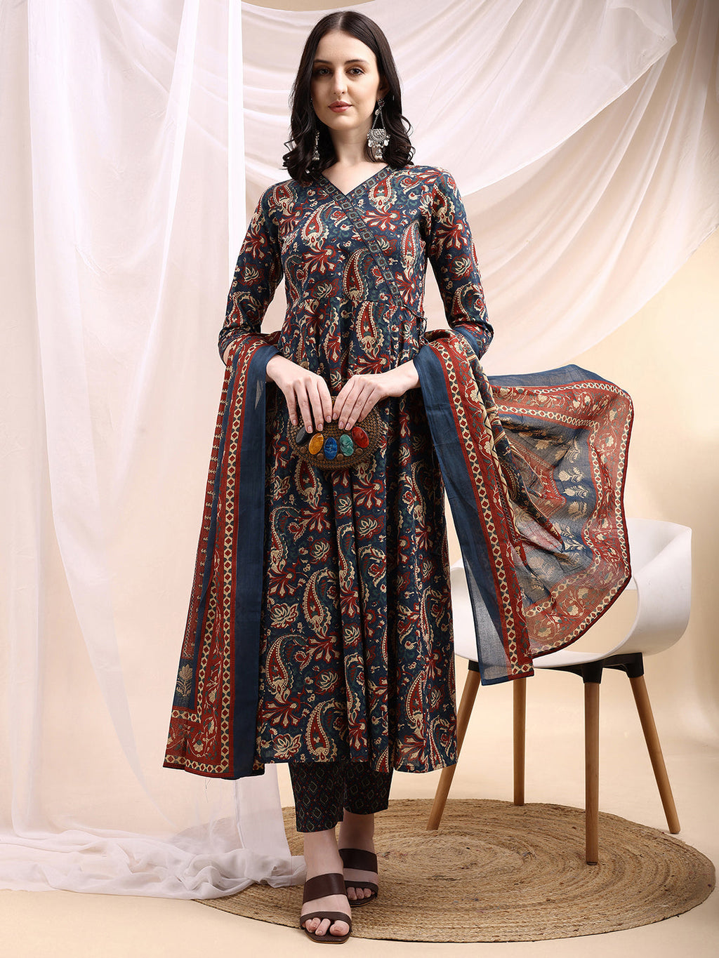 Navy Blue Paisley Printed Angarkha Style Anarkali Kurta Set