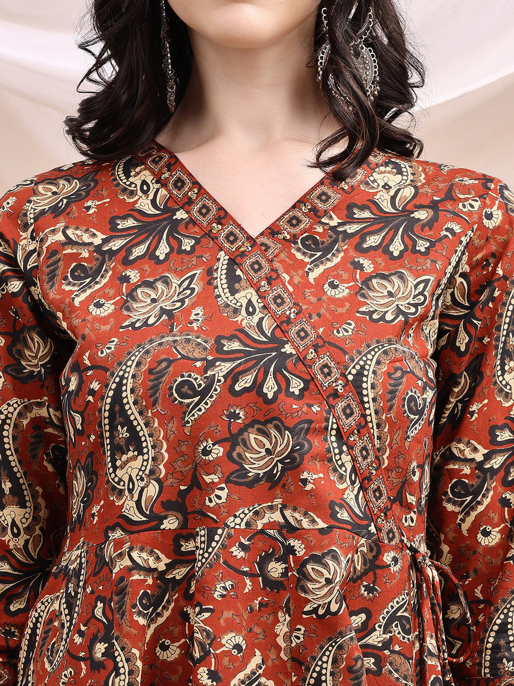 Rust Paisley Printed Angarkha Anarkali Kurta Set with Pant & Dupatta