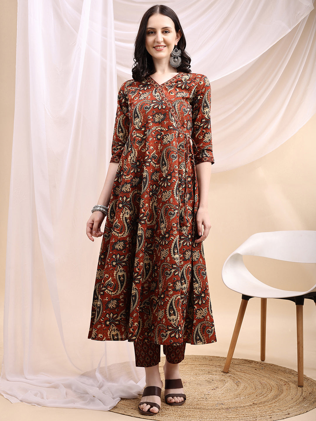 Rust Paisley Printed Angarkha Anarkali Kurta Set with Pant & Dupatta