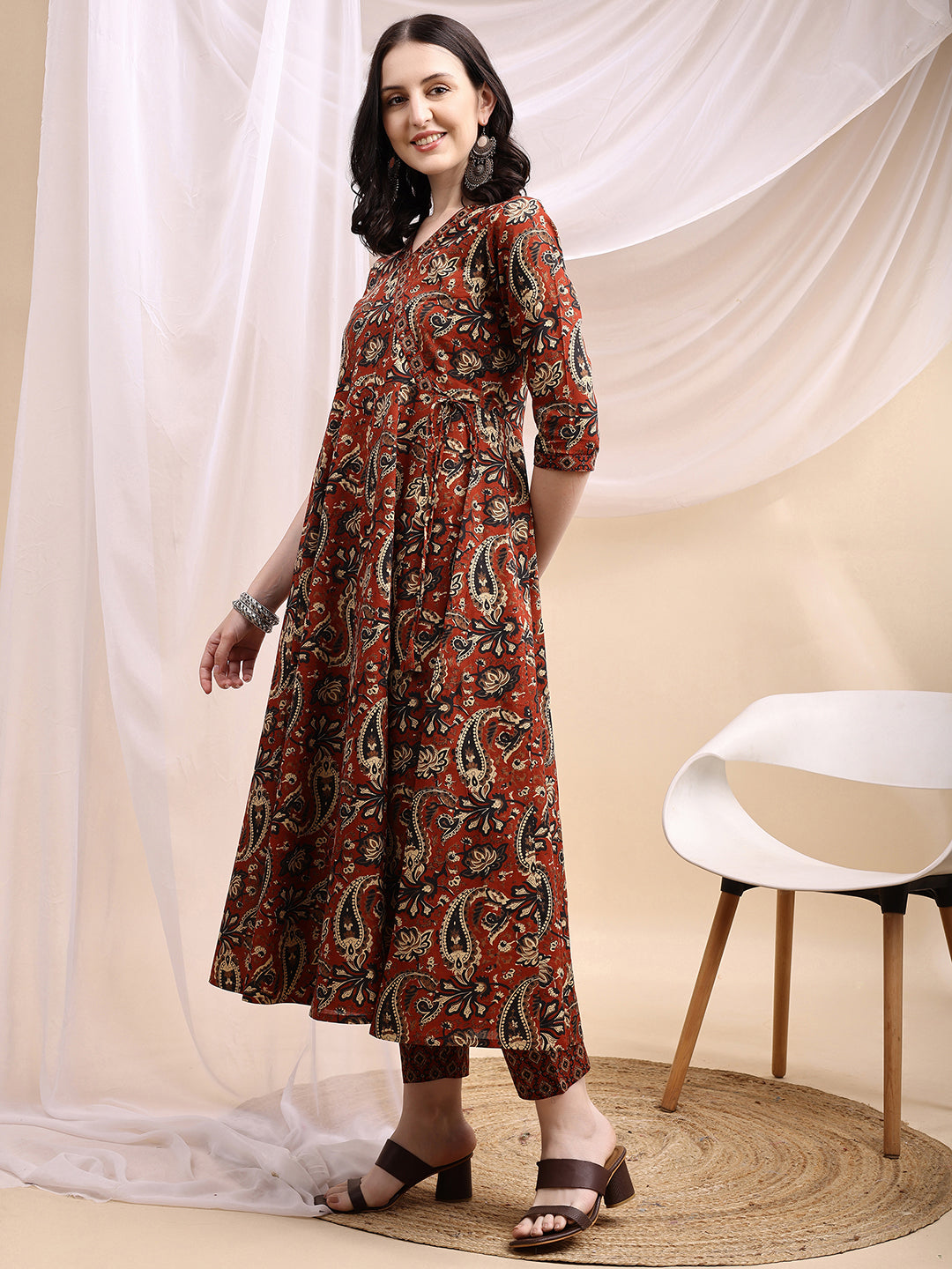 Rust Paisley Printed Angarkha Anarkali Kurta Set with Pant & Dupatta