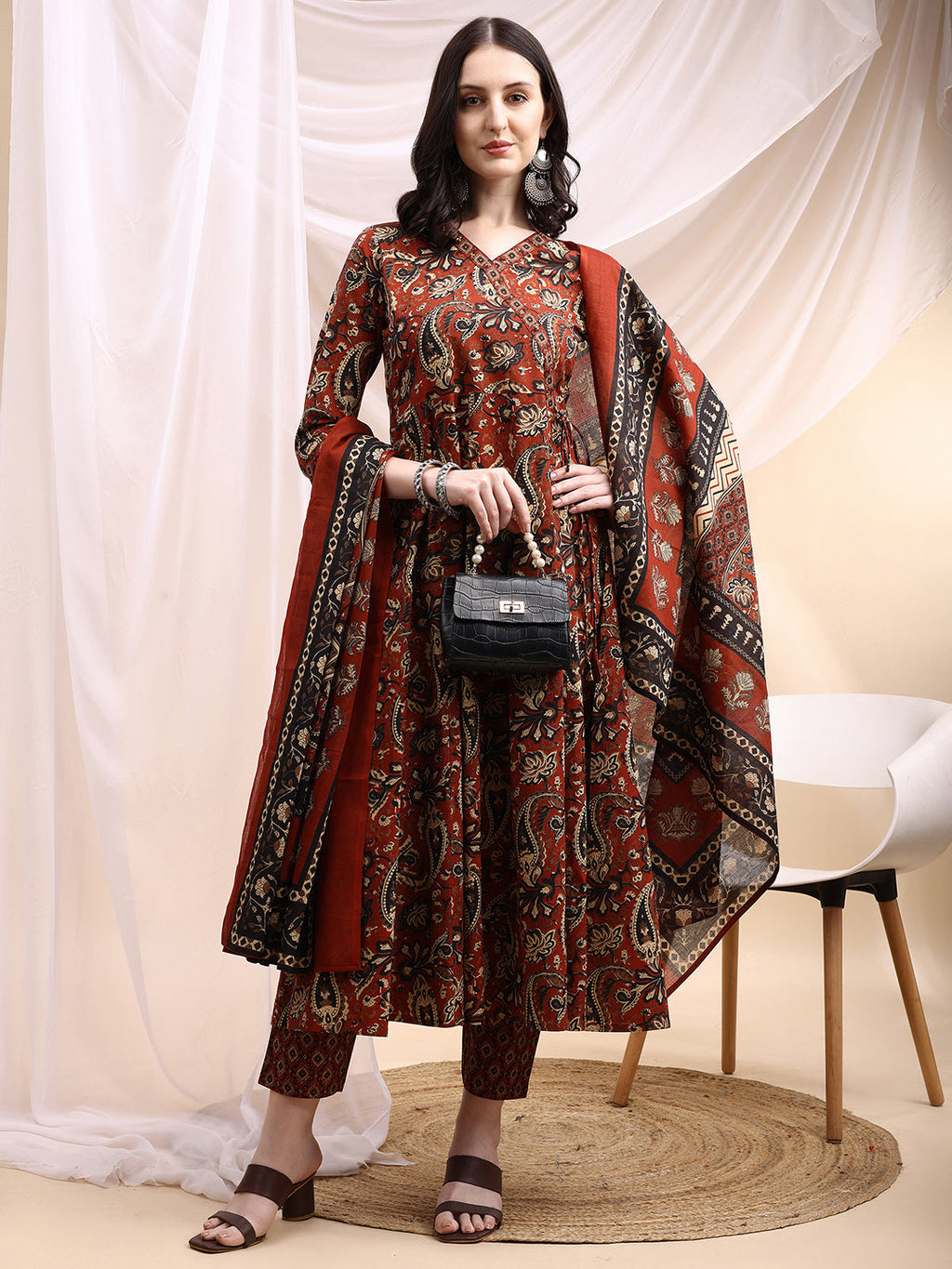 Rust Paisley Printed Angarkha Anarkali Kurta Set with Pant & Dupatta