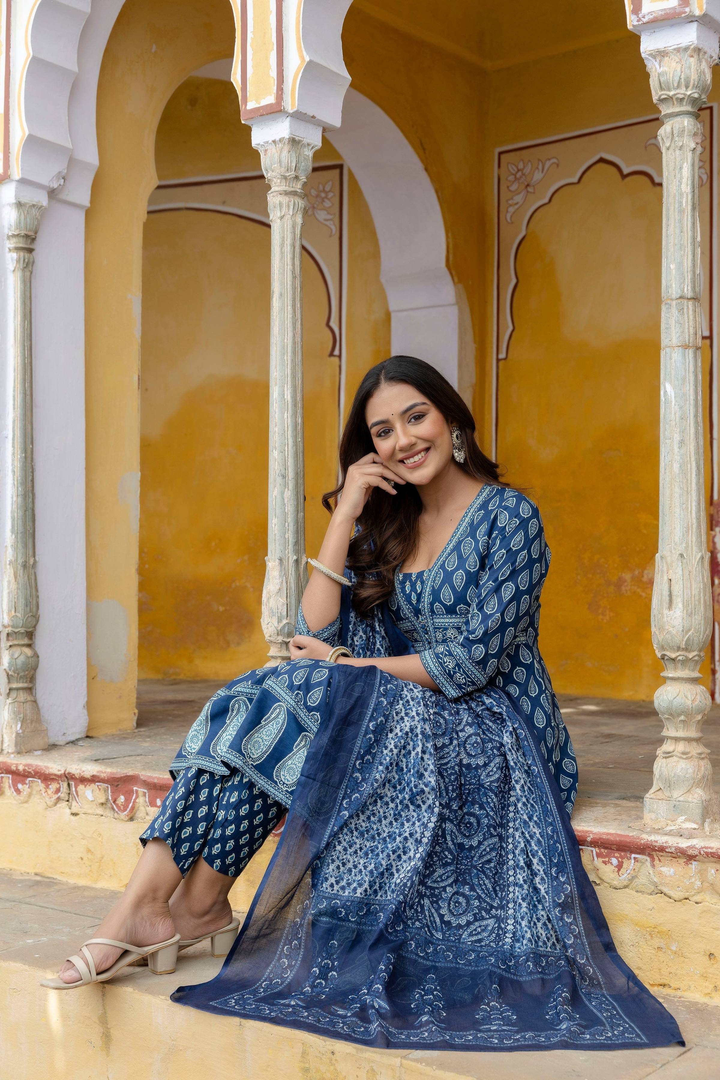 Blue Ethnic Printed Anarkali Kurta Set with Flowy Dupatta