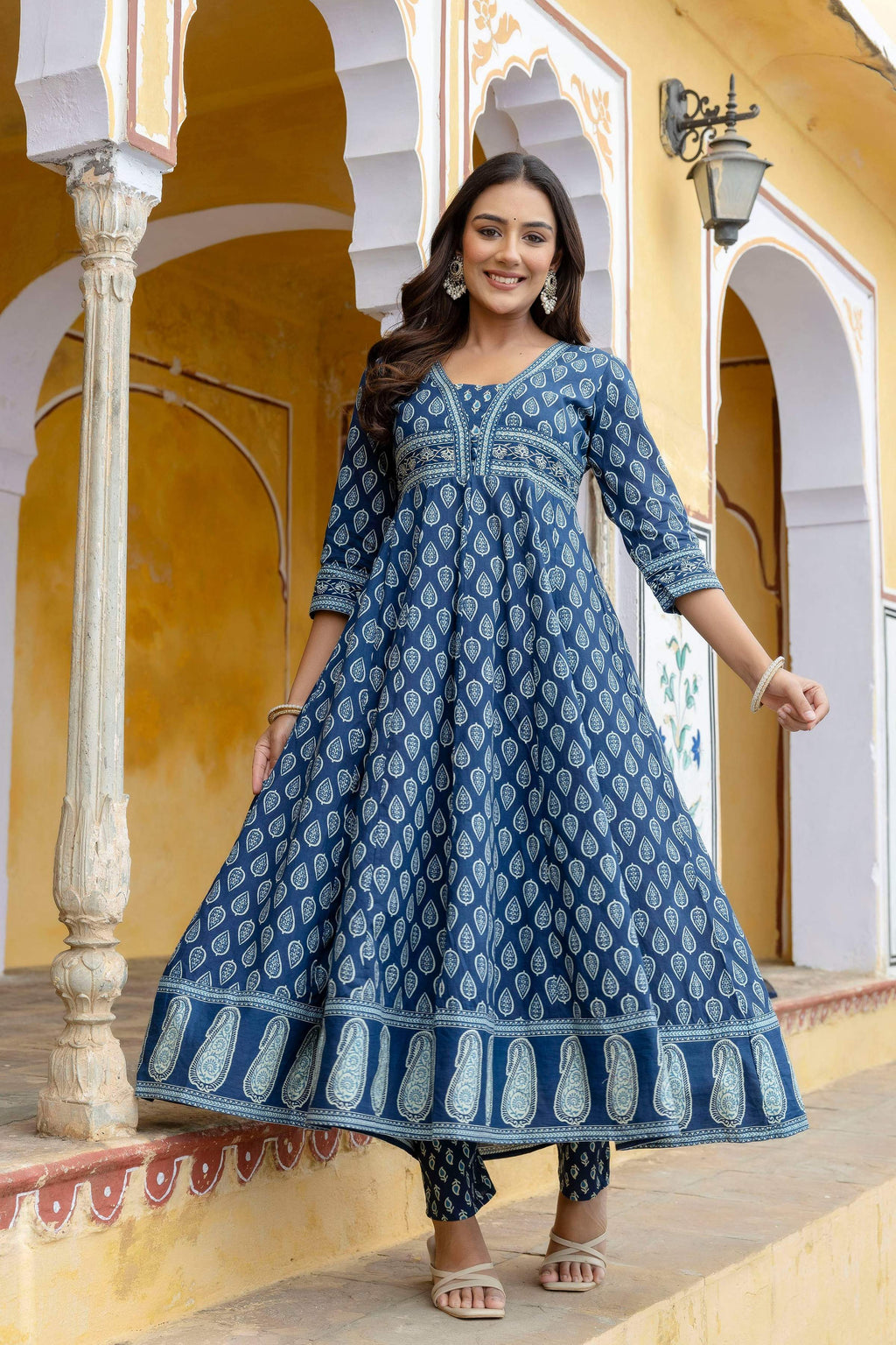 Blue Ethnic Printed Anarkali Kurta Set with Flowy Dupatta