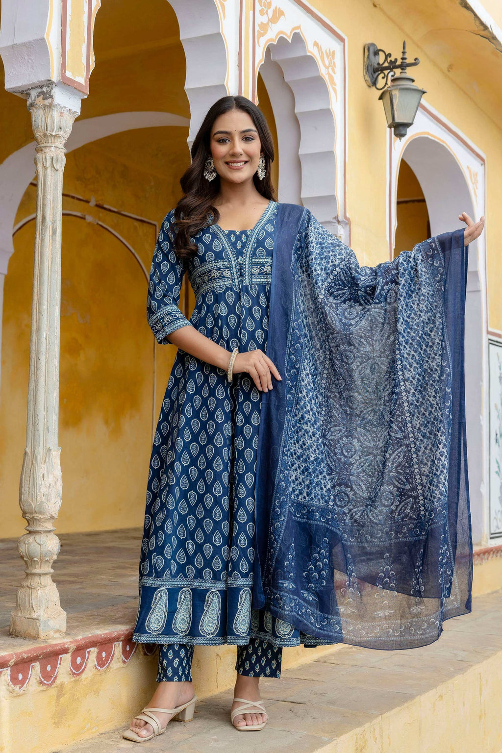 Blue Ethnic Printed Anarkali Kurta Set with Flowy Dupatta