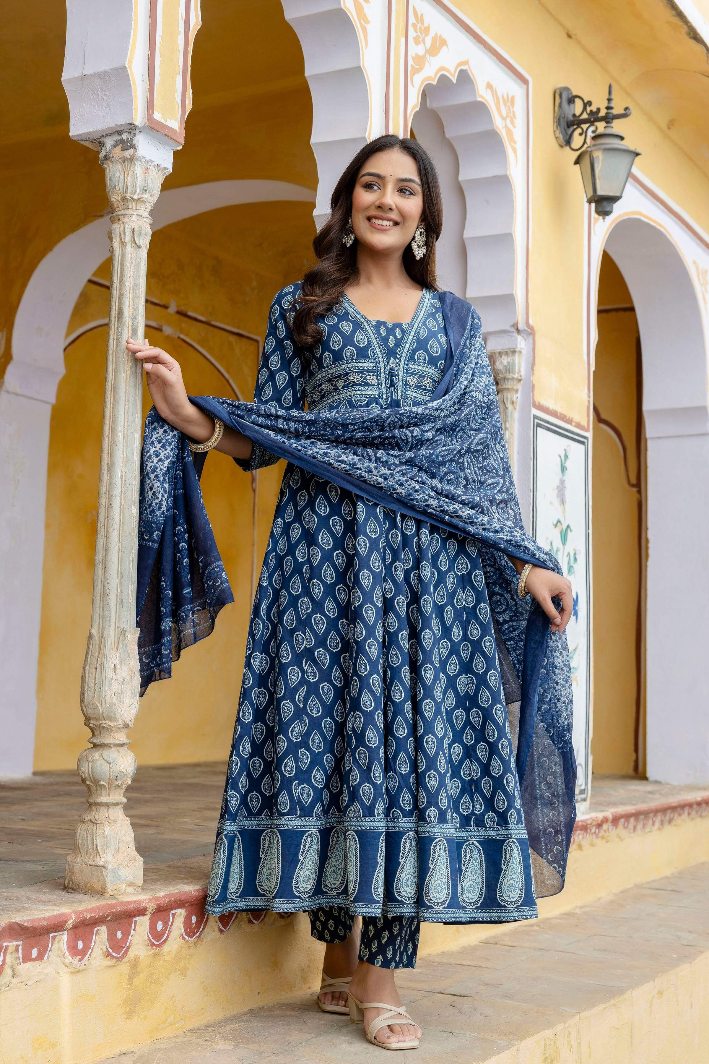 Blue Ethnic Printed Anarkali Kurta Set with Flowy Dupatta