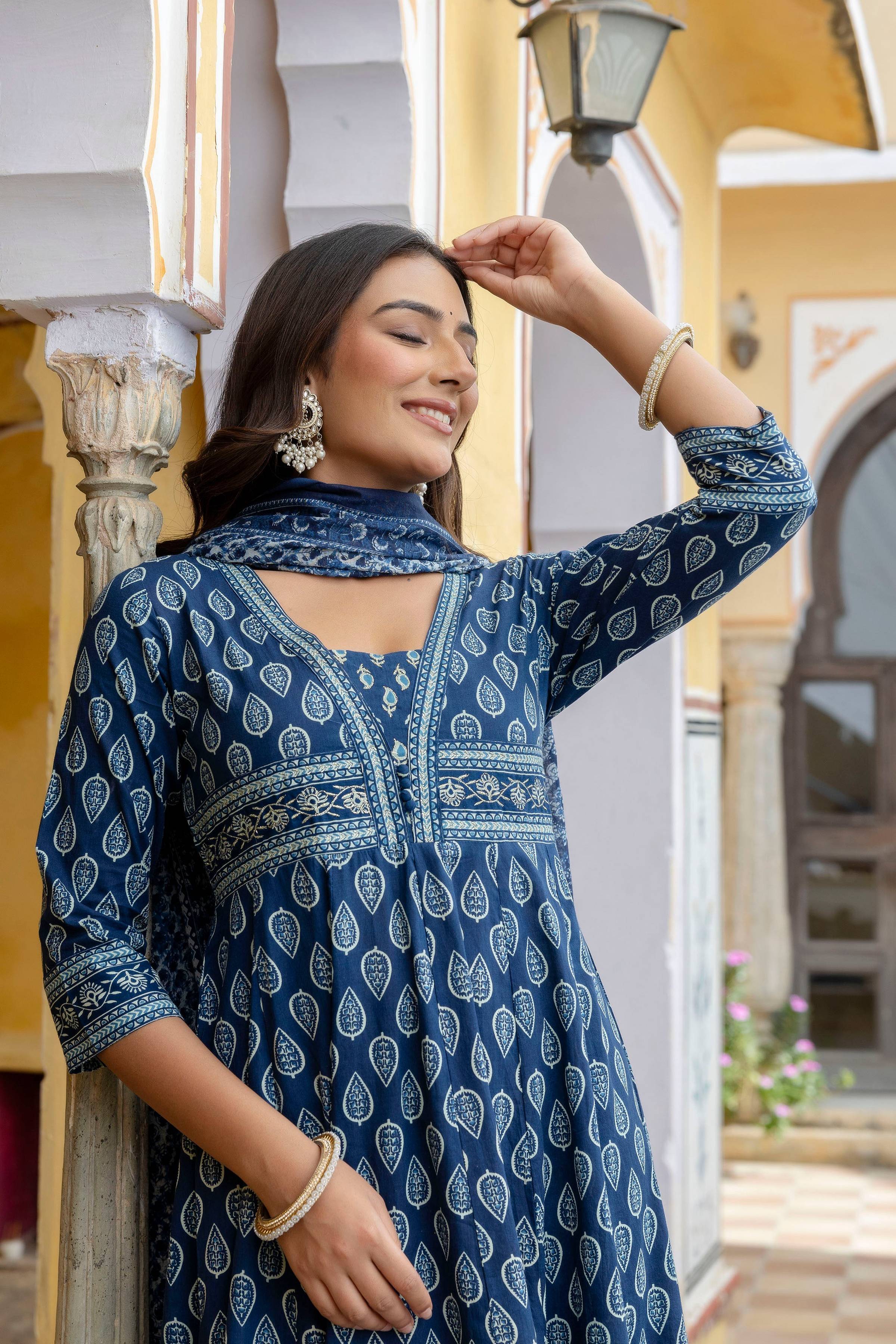 Blue Ethnic Printed Anarkali Kurta Set with Flowy Dupatta