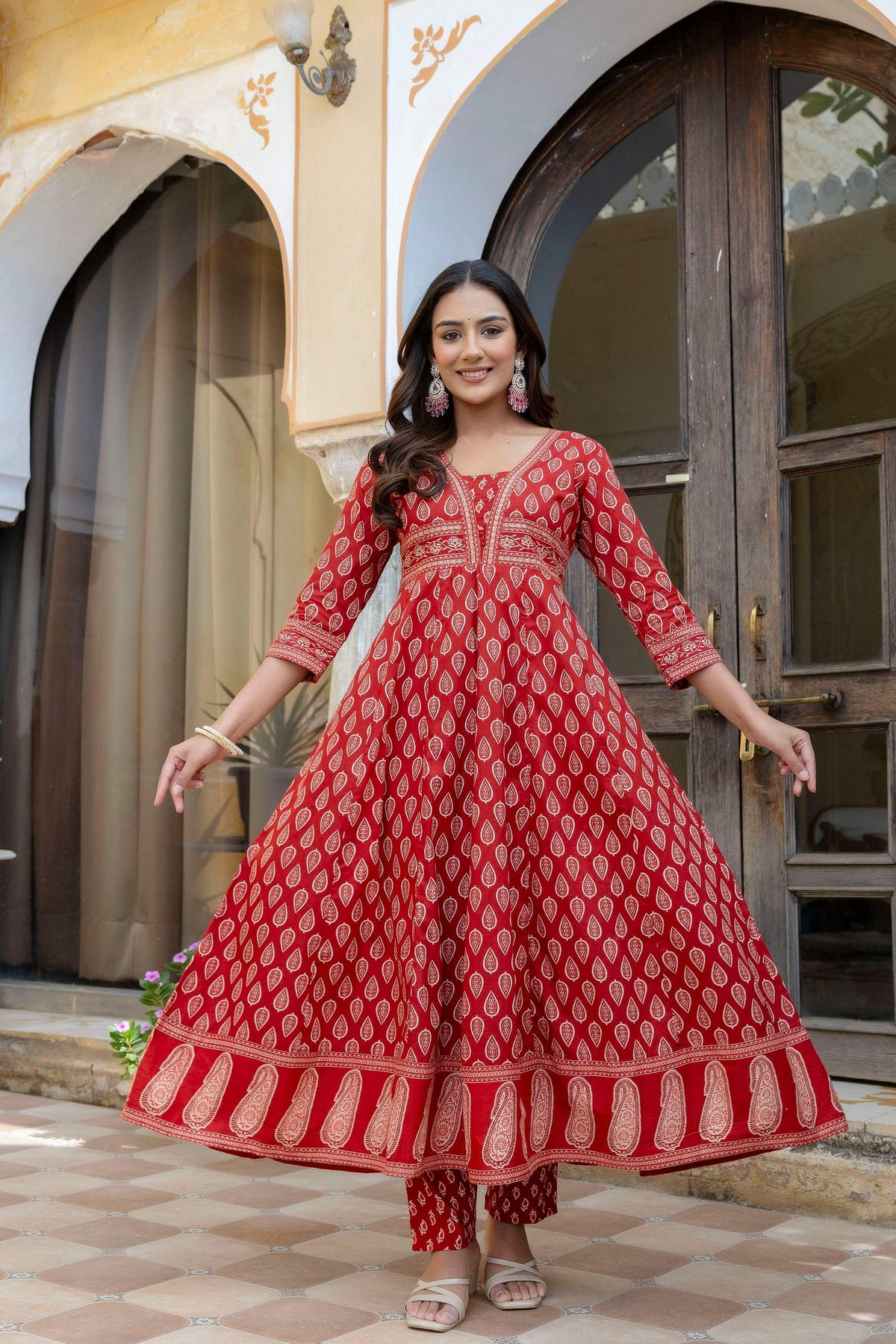 Ethnic Printed Anarkali Kurta Set with Flowy Dupatta, Rust
