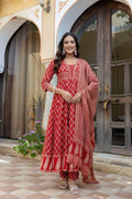 Rust colored ethnic printed Anarkali kurta with matching pants and dupatta