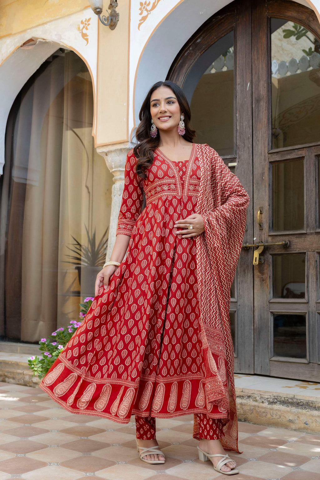Ethnic Printed Anarkali Kurta Set with Flowy Dupatta, Rust