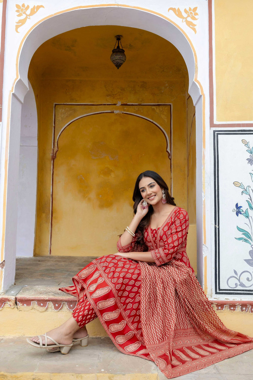 Ethnic Printed Anarkali Kurta Set with Flowy Dupatta, Rust