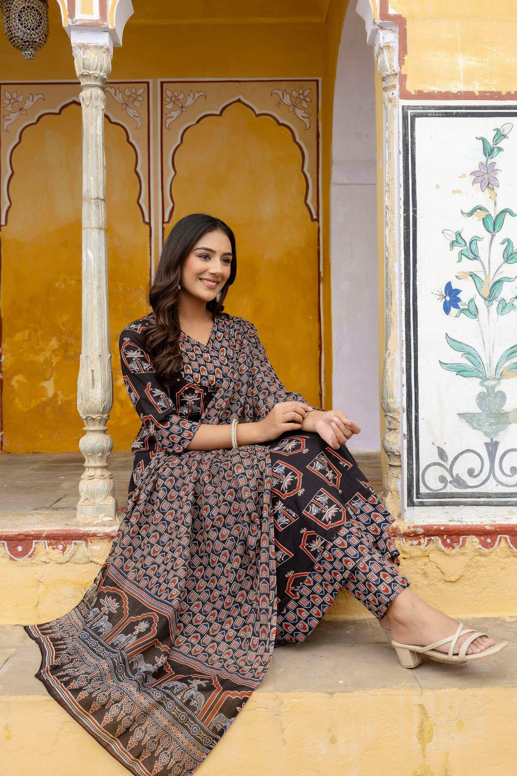 Black Ajrakh-Inspired Handblock Printed Angarkha Kurta Set