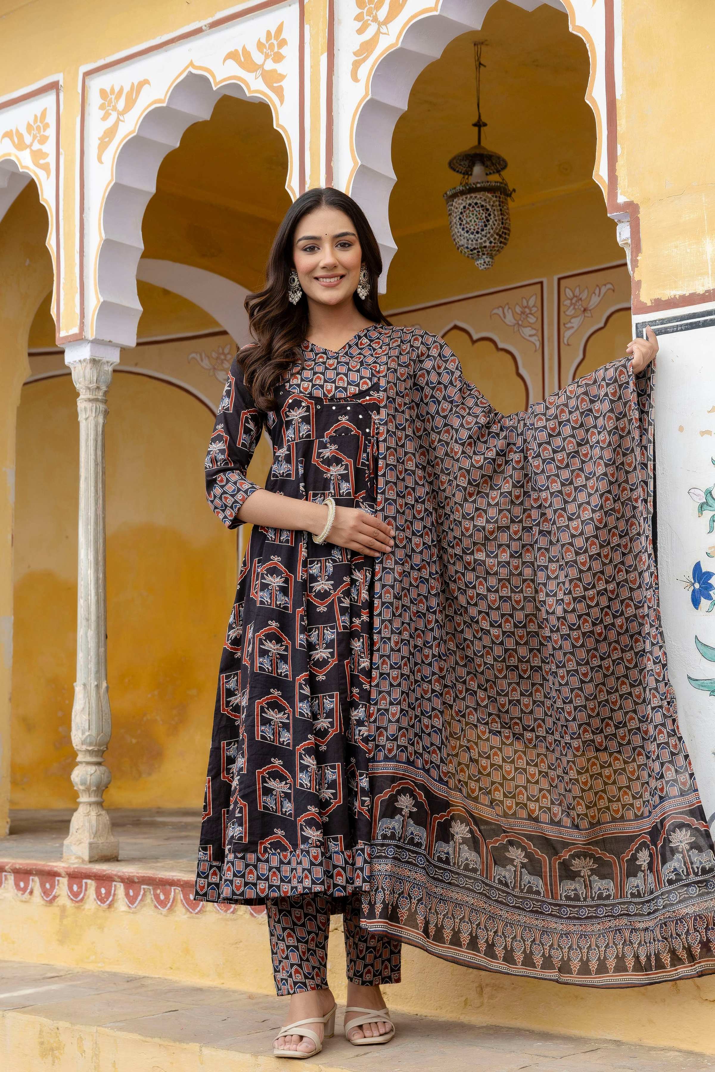Black Ajrakh-Inspired Handblock Printed Angarkha Kurta Set