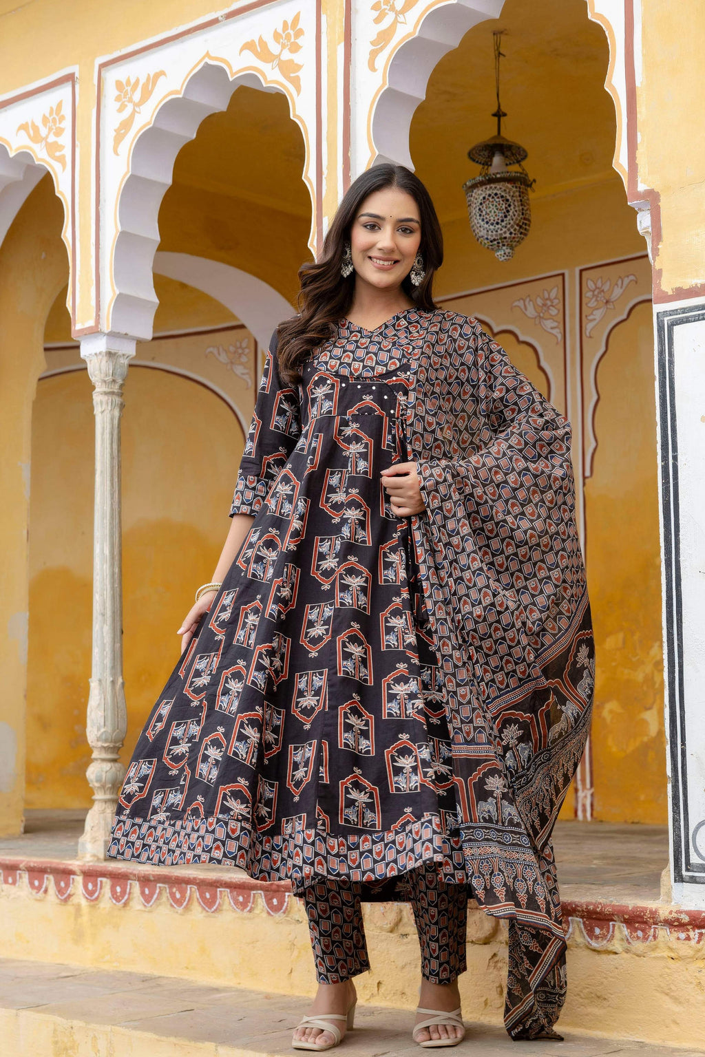 Black Ajrakh-Inspired Handblock Printed Angarkha Kurta Set