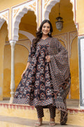 Black Ajrakh-Inspired Handblock Printed Angarkha Kurta Set