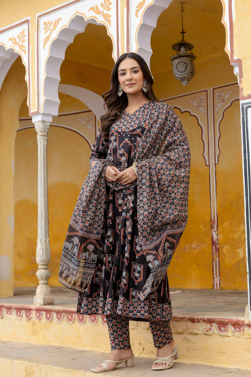 Black Ajrakh-Inspired Handblock Printed Angarkha Kurta Set