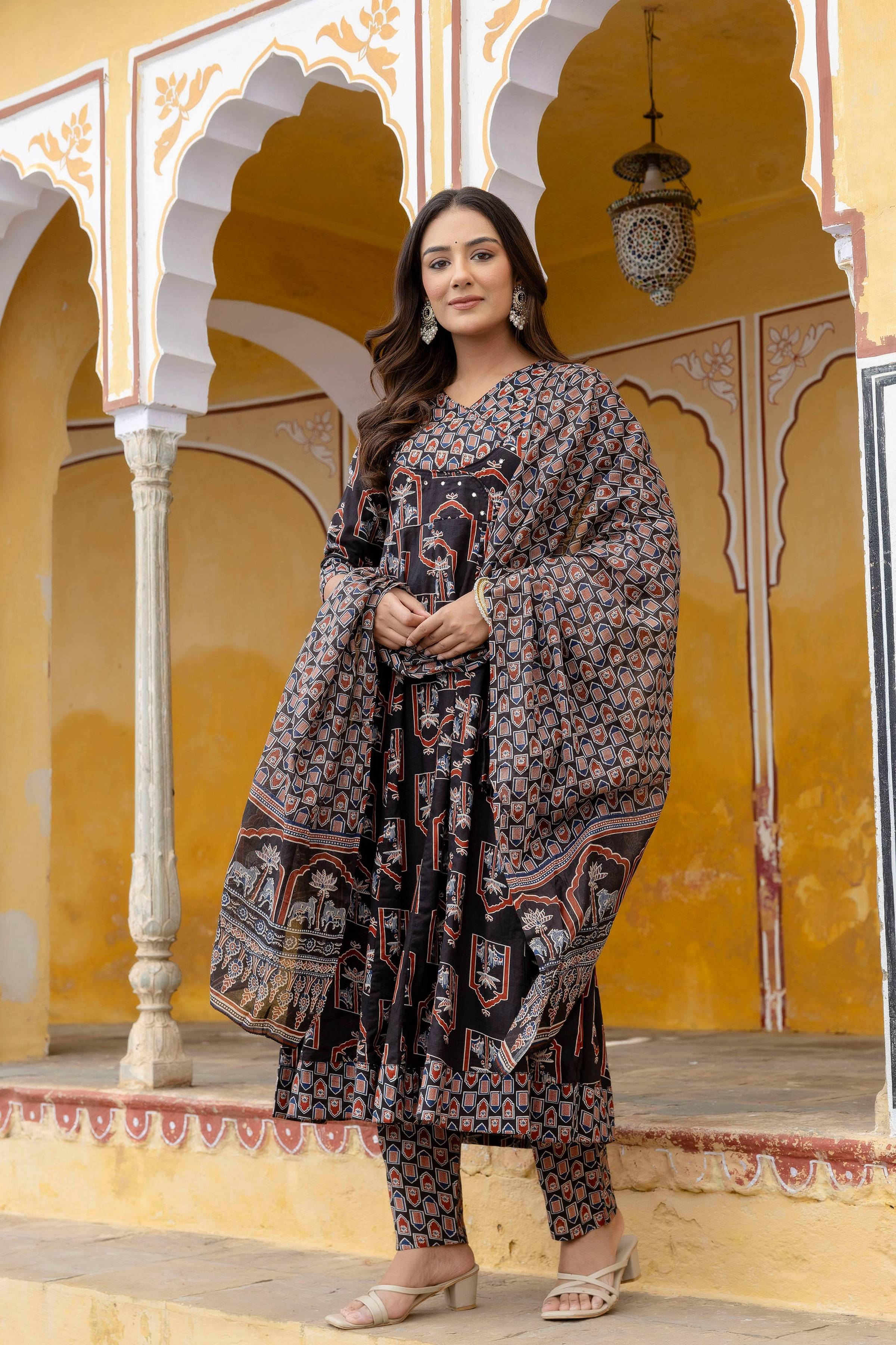 Black Ajrakh-Inspired Handblock Printed Angarkha Kurta Set