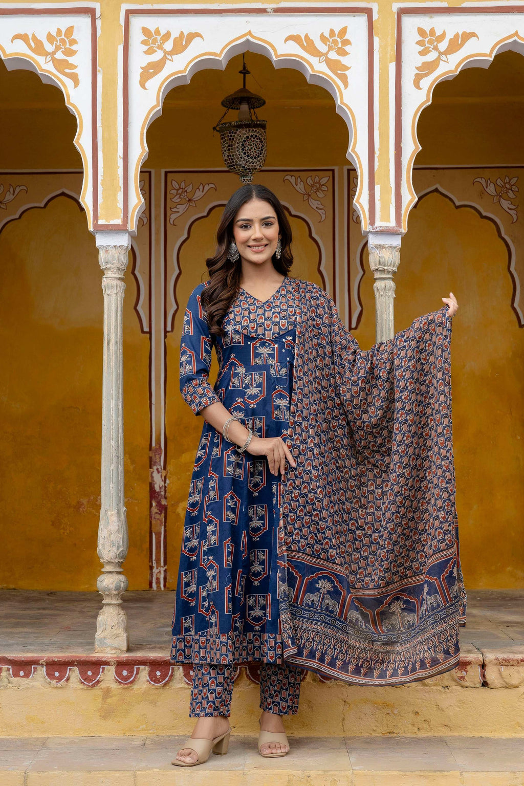 Blue Ajrakh-Inspired Handblock Print Angarkha Kurta Set