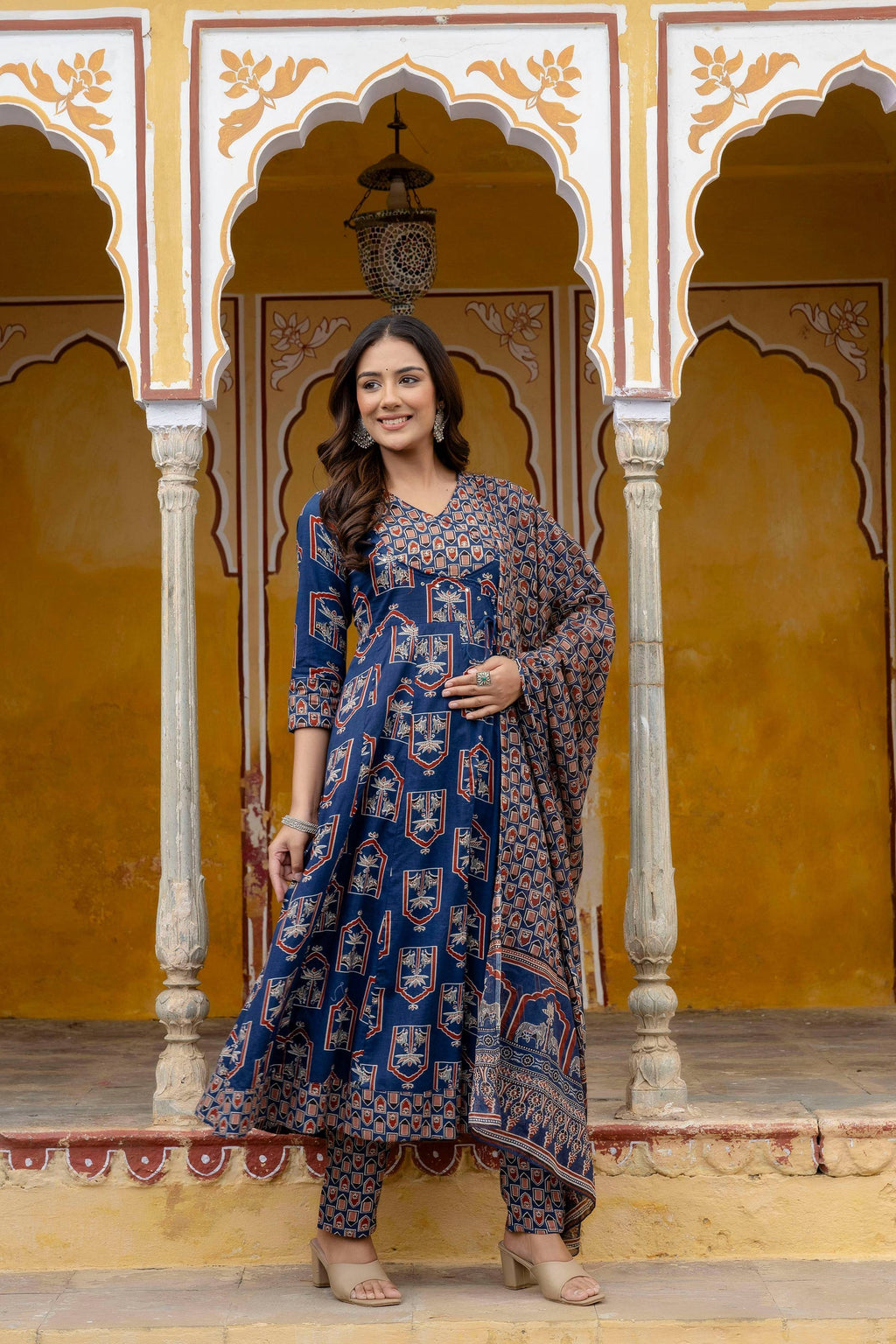 Blue Ajrakh-Inspired Handblock Print Angarkha Kurta Set