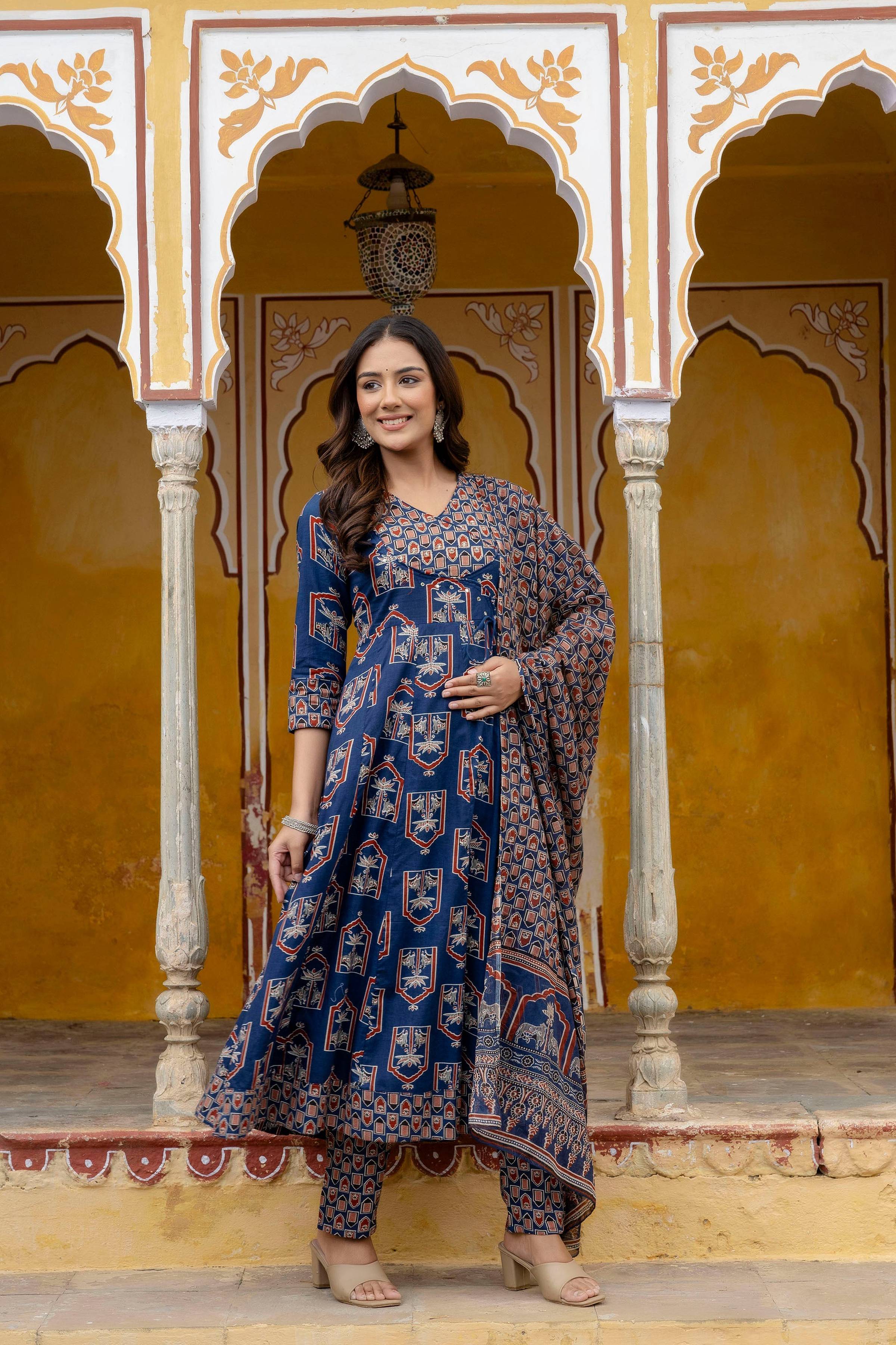 Blue Ajrakh-Inspired Handblock Print Angarkha Kurta Set