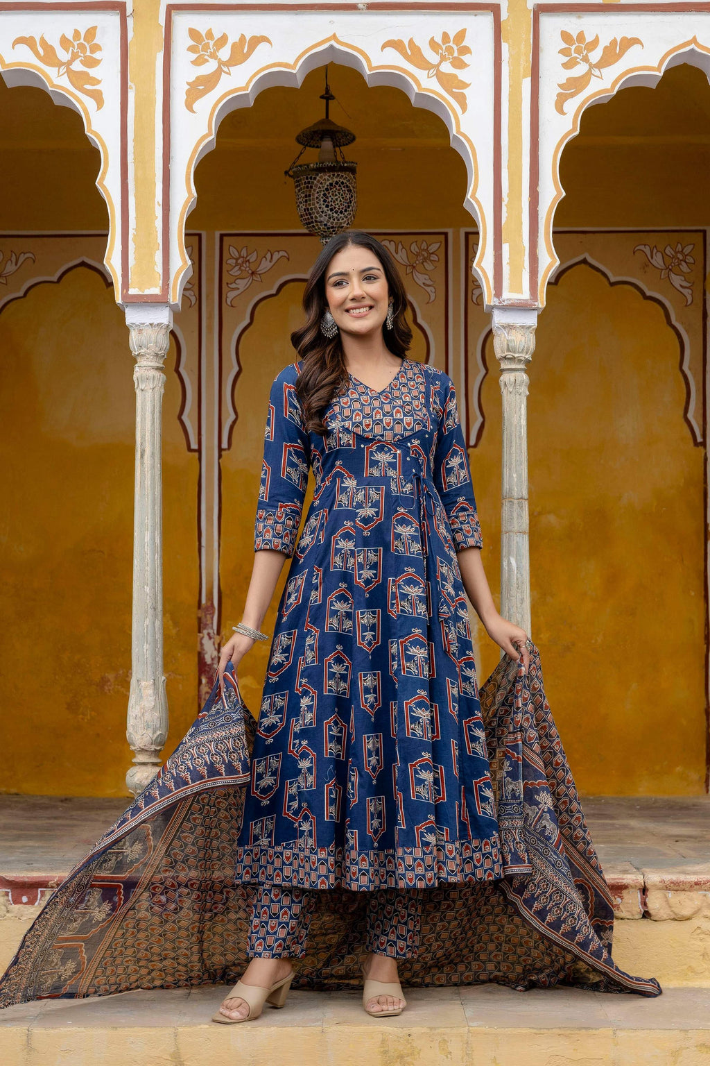 Blue Ajrakh-Inspired Handblock Print Angarkha Kurta Set