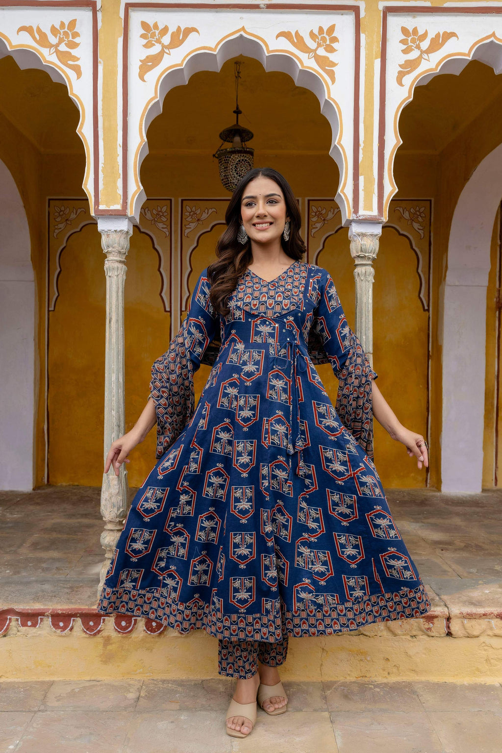Blue Ajrakh-Inspired Handblock Printed Angarkha Kurta with matching pants and dupatta