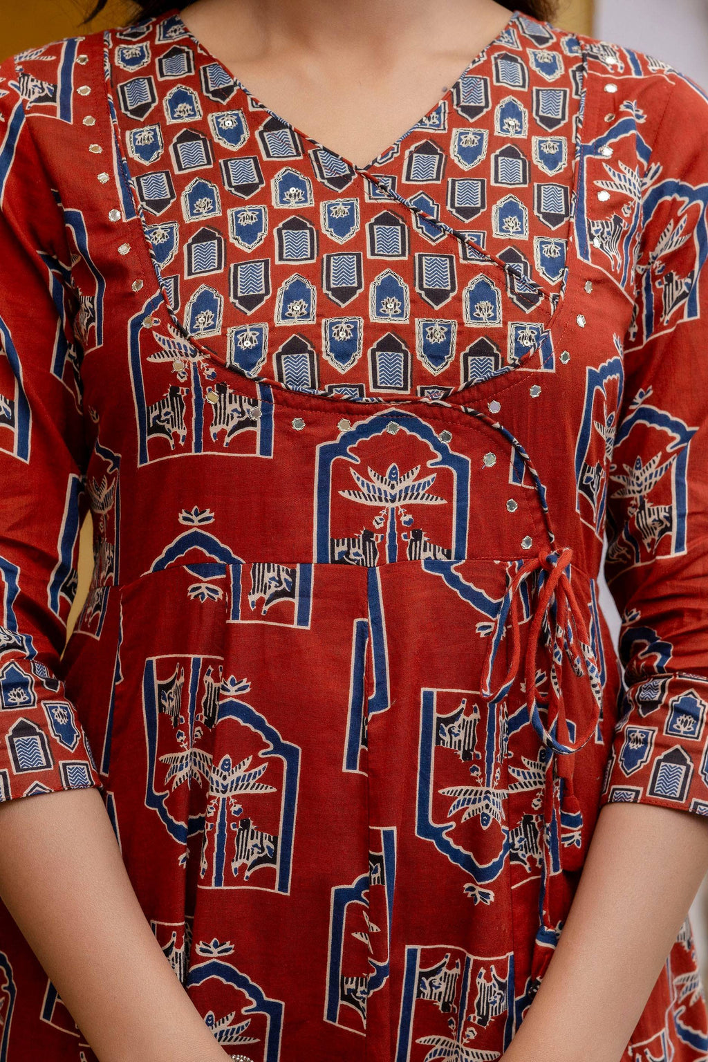 Rust Ajrakh-Inspired Handblock Printed Angarkha Kurta Set with Dupatta