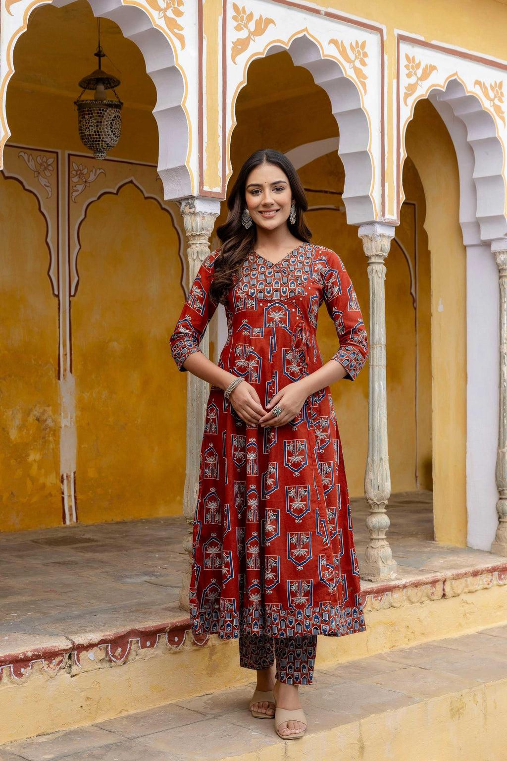 Rust Ajrakh-Inspired Handblock Printed Angarkha Kurta Set with Dupatta