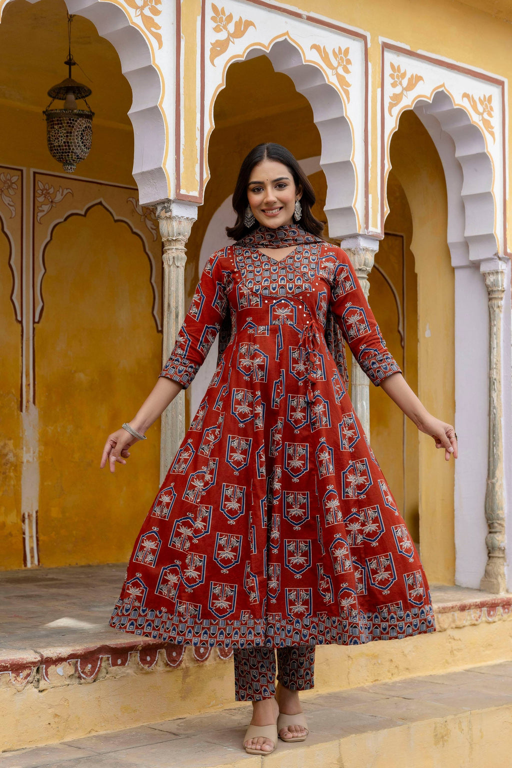 Rust Ajrakh-Inspired Handblock Printed Angarkha Kurta Set with Dupatta