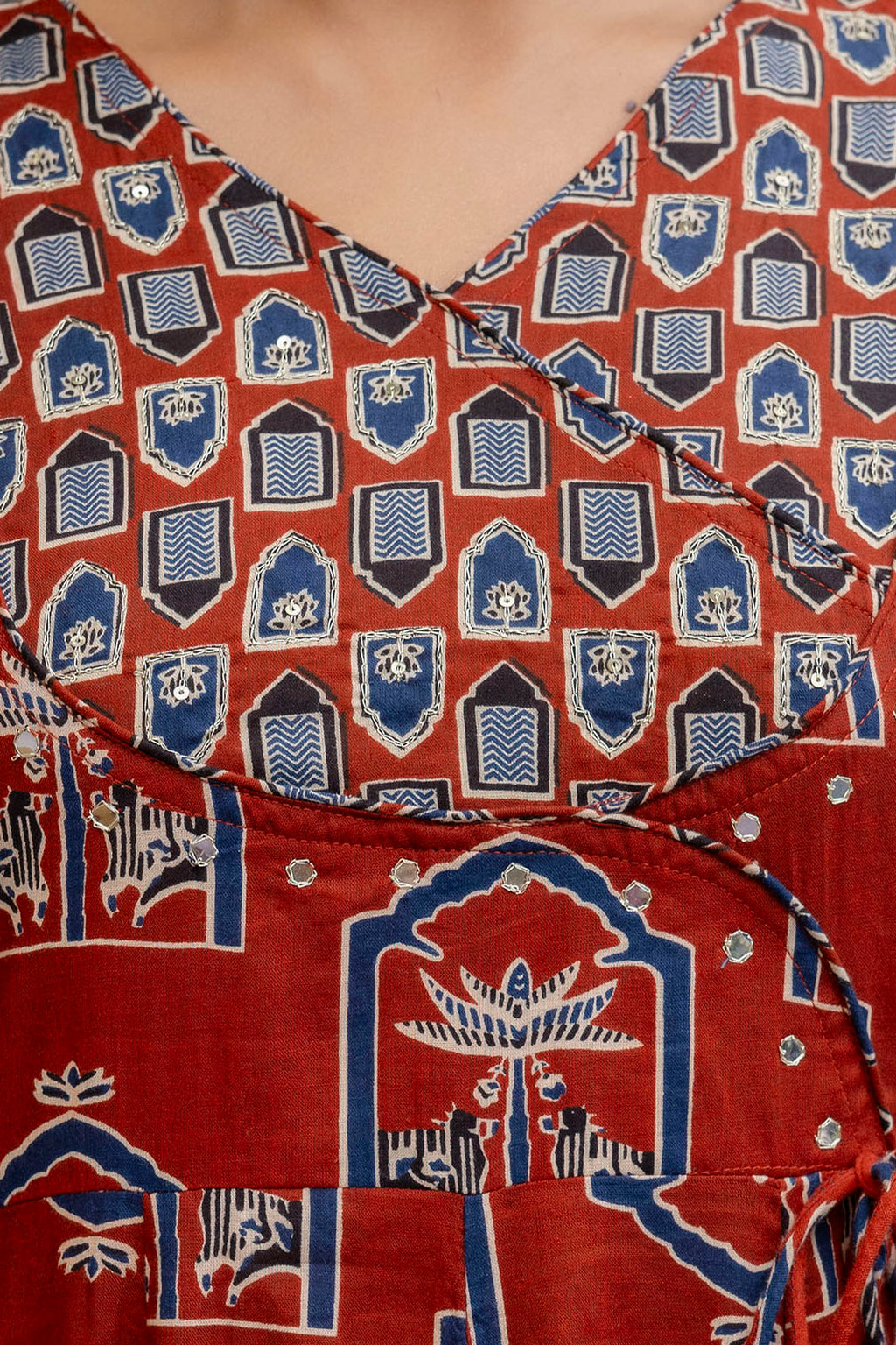 Rust Ajrakh-Inspired Handblock Printed Angarkha Kurta Set with Dupatta