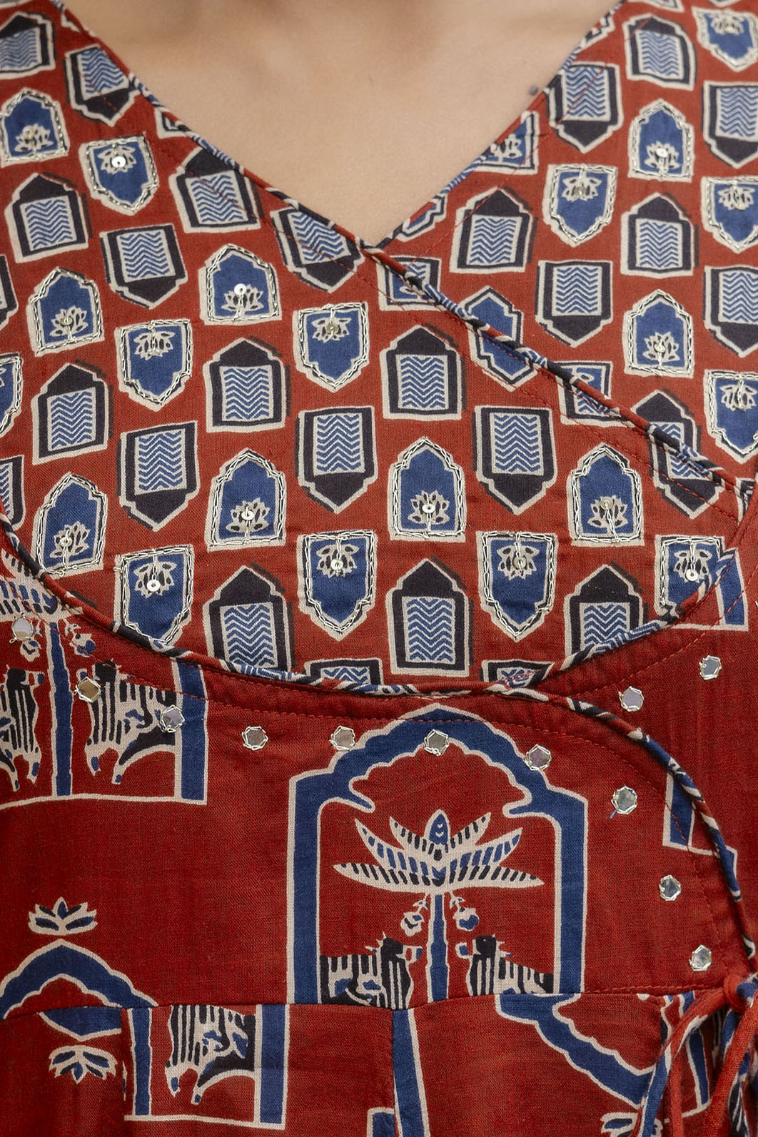 Rust Ajrakh-Inspired Handblock Printed Angarkha Kurta Set with Dupatta