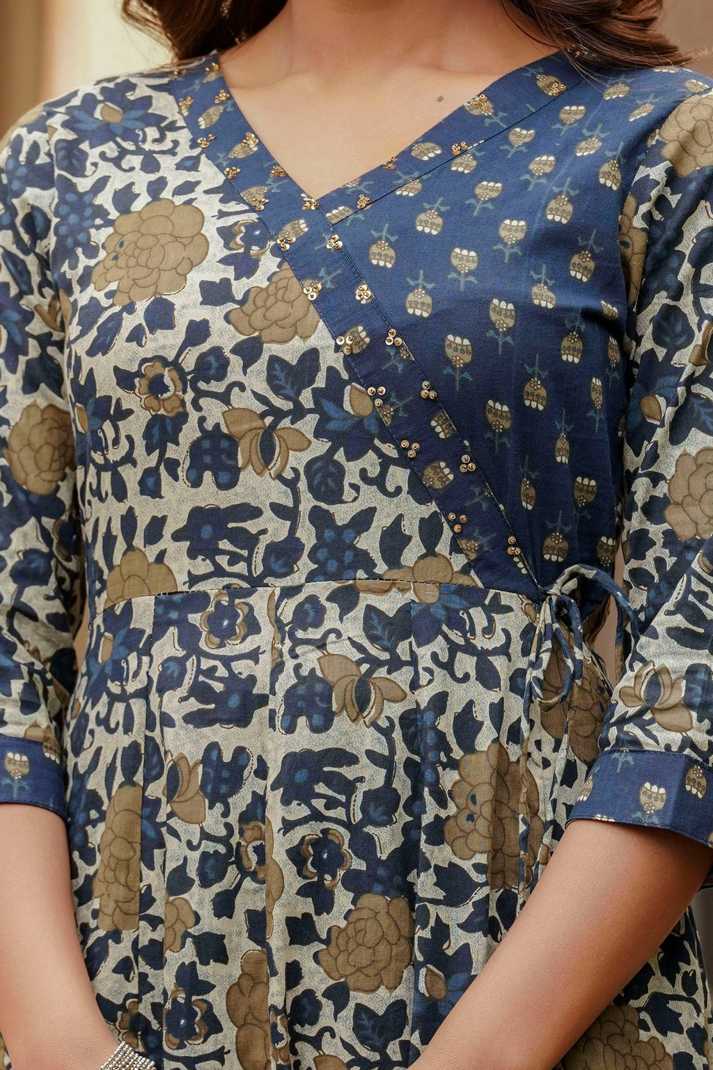 Floral Print Angarkha Style Kurta Set in Blue Cotton