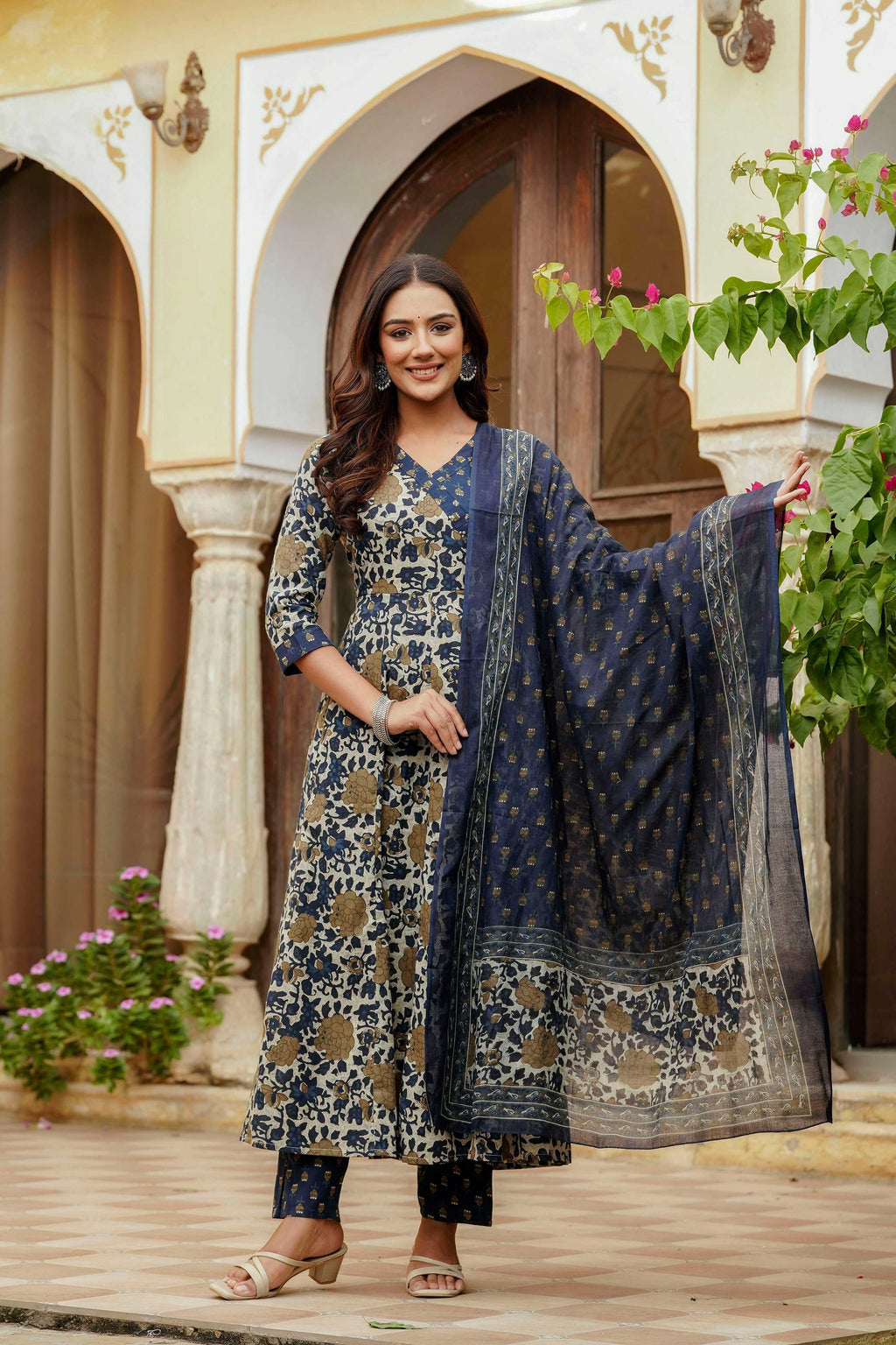 Floral Print Angarkha Style Kurta Set in Blue Cotton