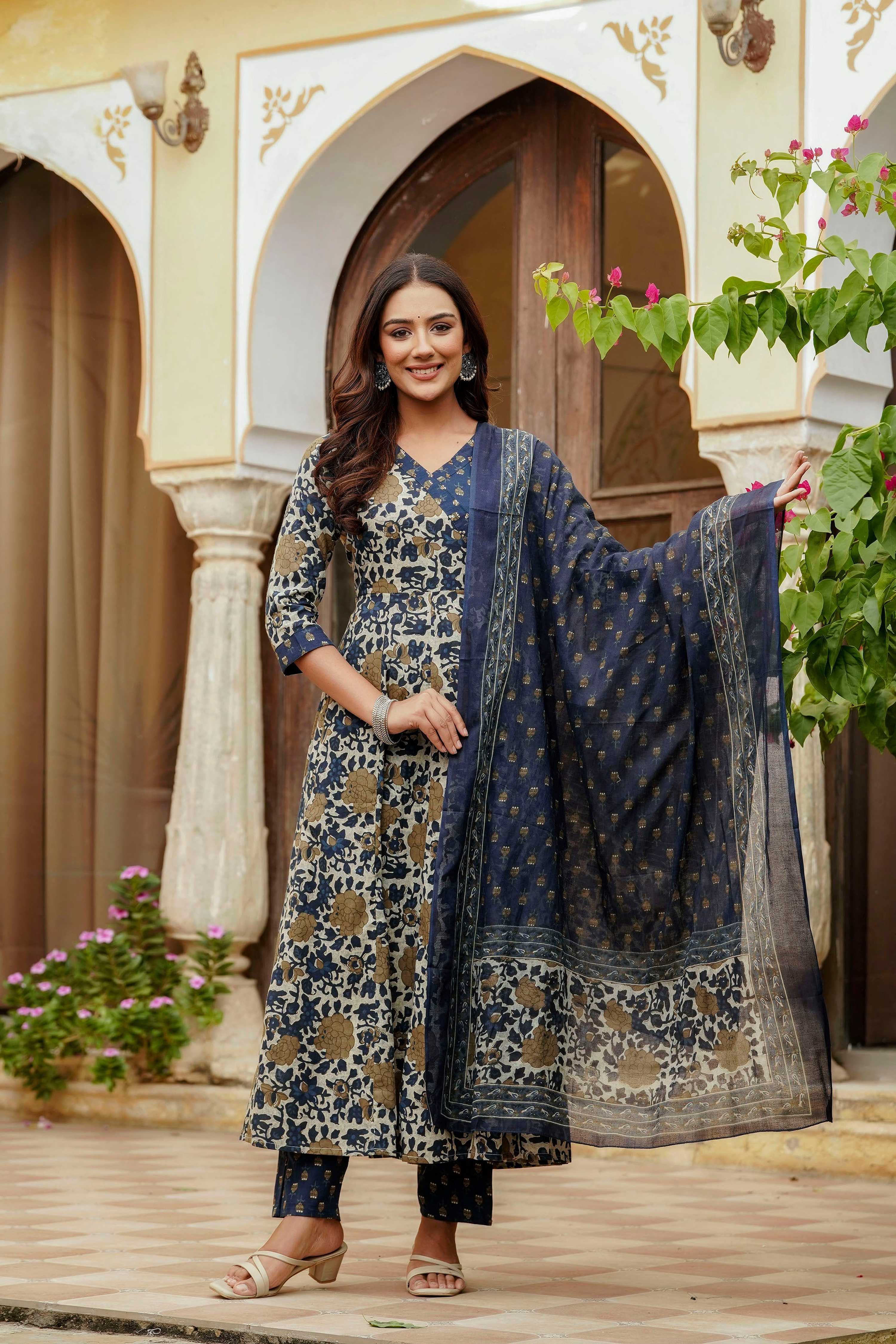 Floral Print Angarkha Style Kurta Set in Blue Cotton