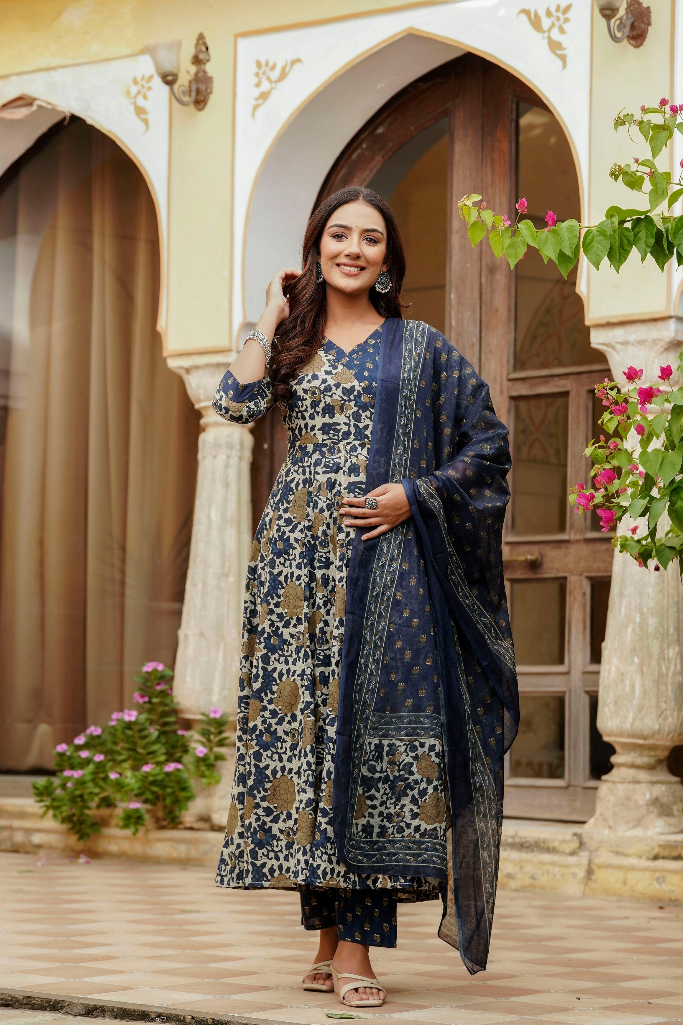 Floral Print Angarkha Style Kurta Set in Blue Cotton