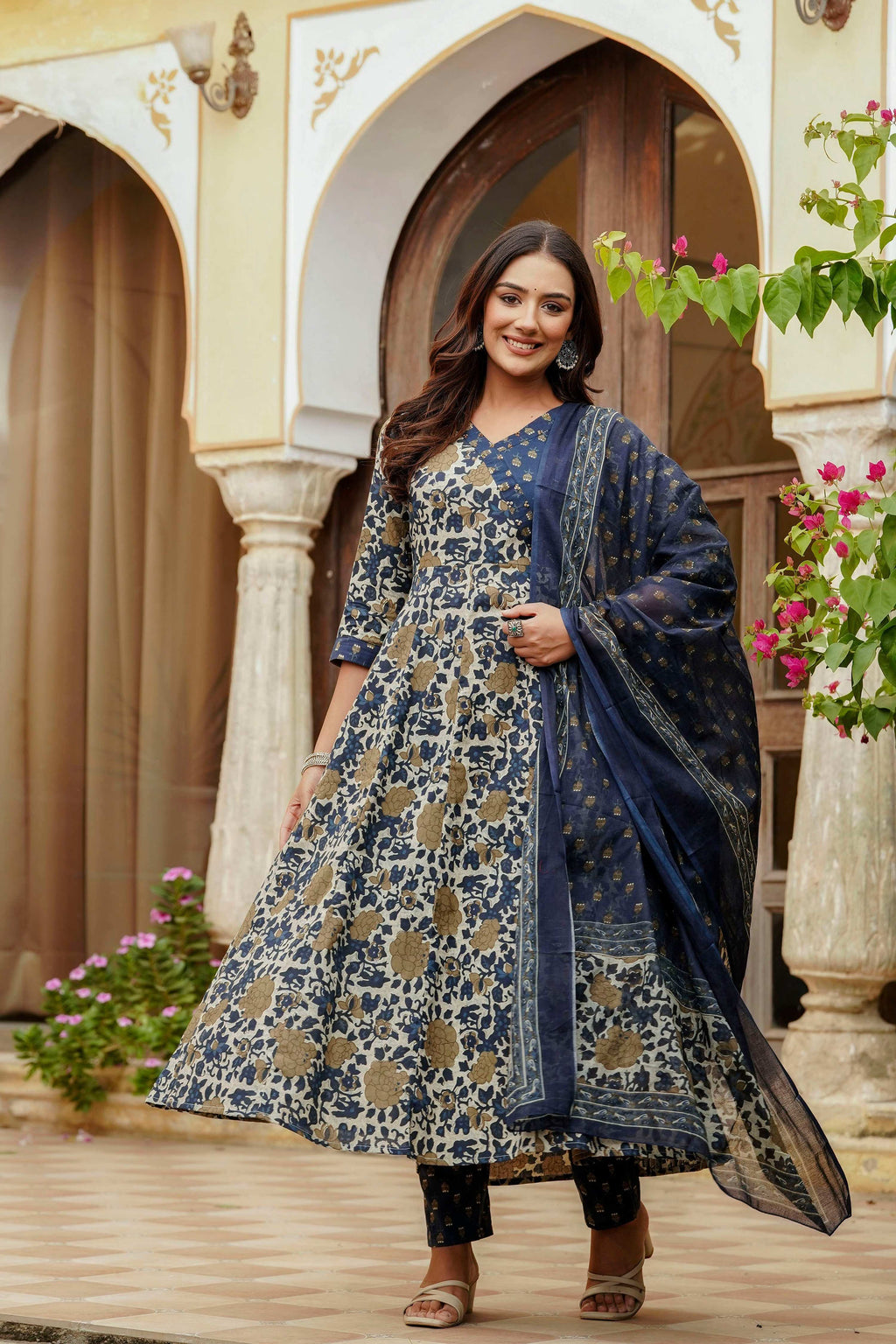 Floral Print Angarkha Style Kurta Set in Blue Cotton