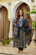 Blue Angarkha style cotton kurta set with floral prints and embroidery.