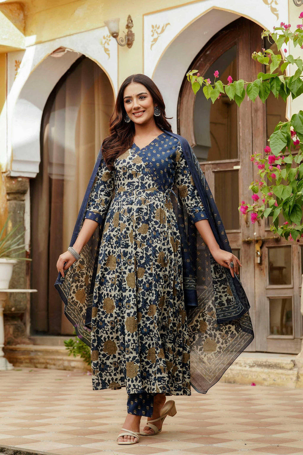 Floral Print Angarkha Style Kurta Set in Blue Cotton