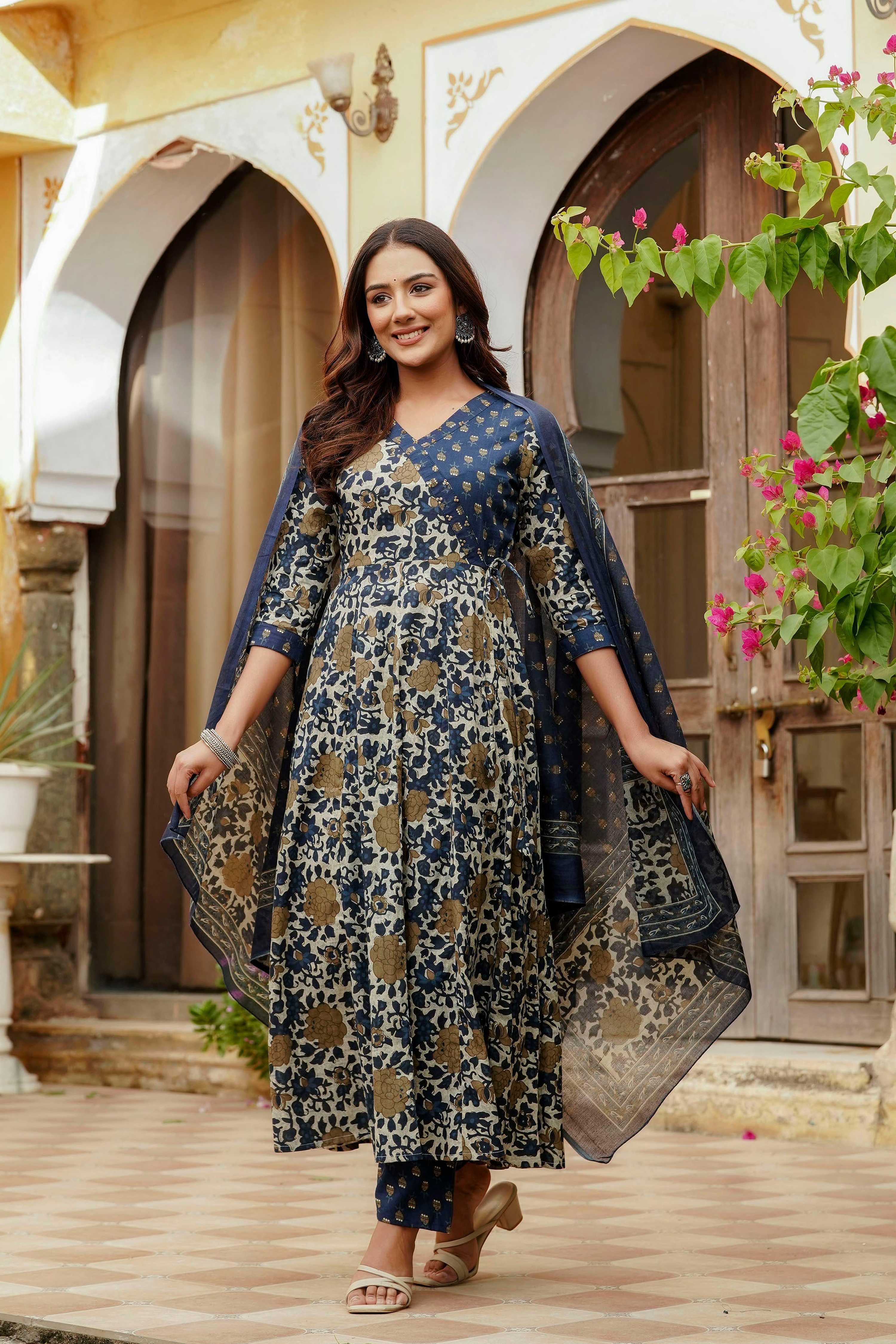 Floral Print Angarkha Style Kurta Set in Blue Cotton