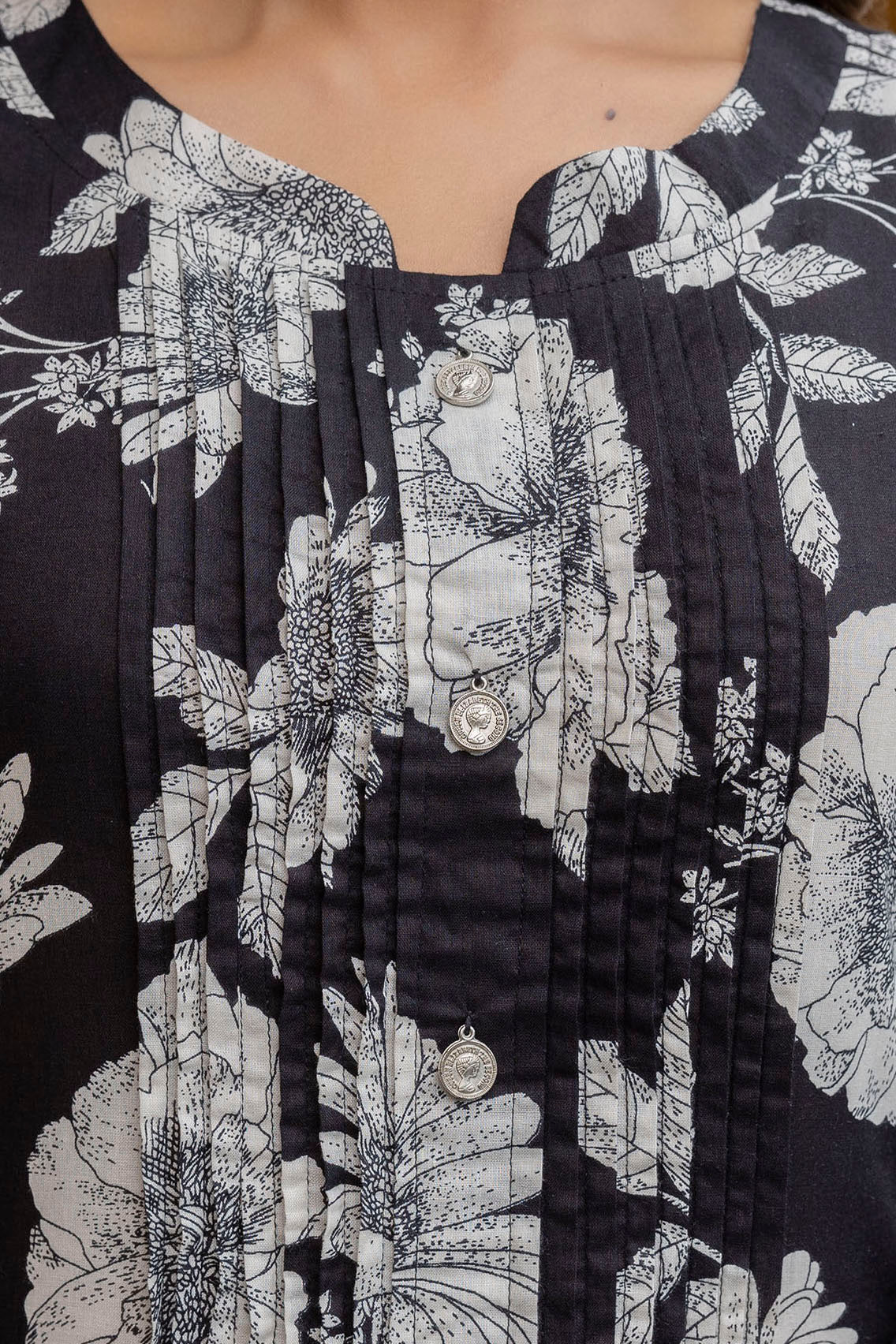 Floral Print Kurta Set with Striped Dupatta in Black