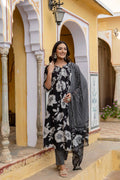 Black floral printed cotton kurta set with matching pants and a striped dupatta