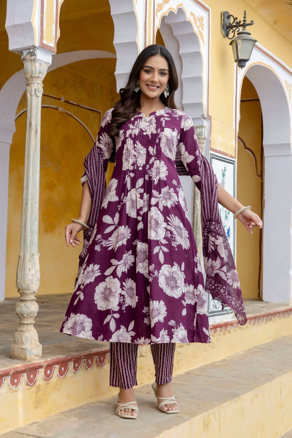 Purple Floral Cotton Kurta Set with Stripe Printed Dupatta