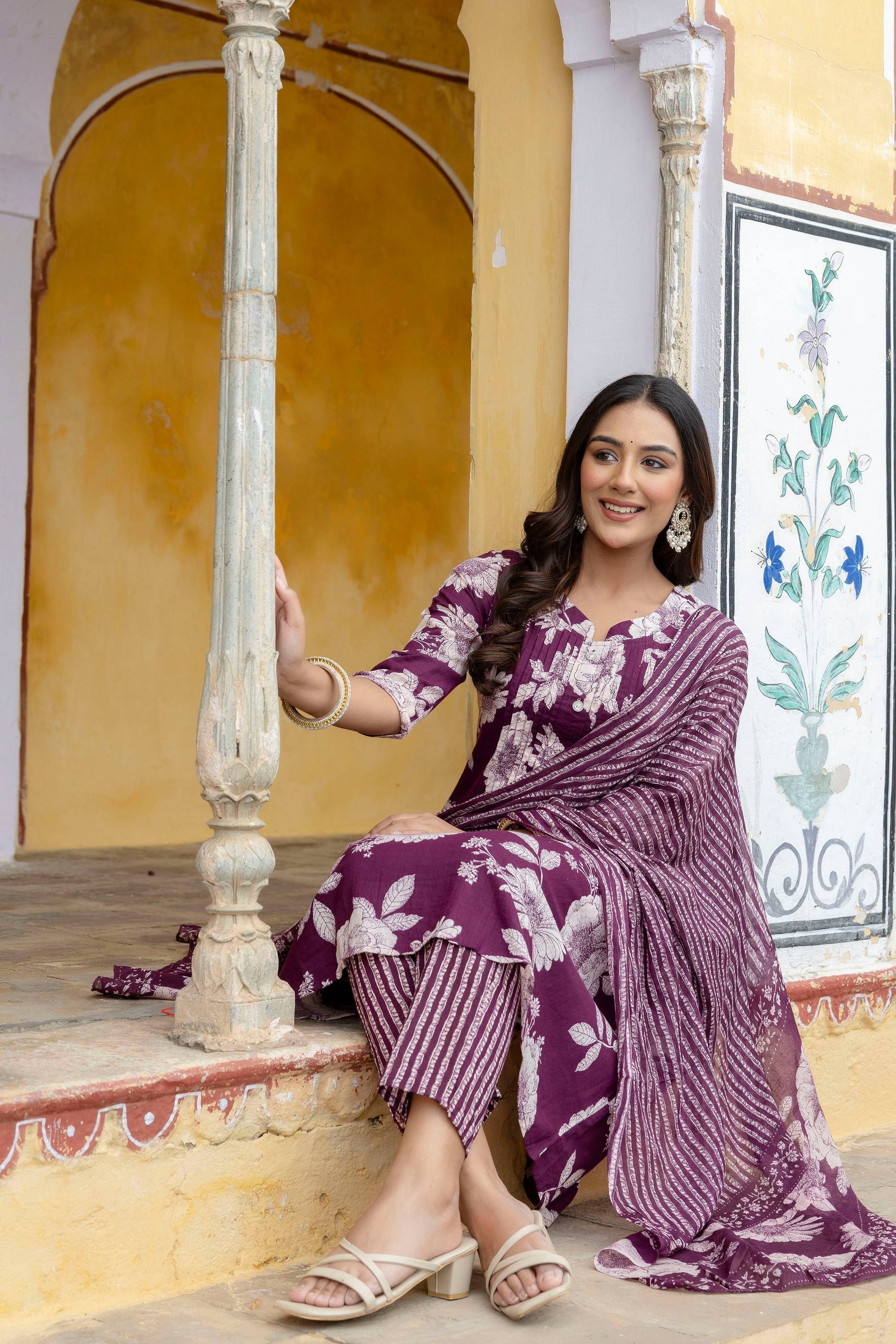 Purple Floral Cotton Kurta Set with Stripe Printed Dupatta