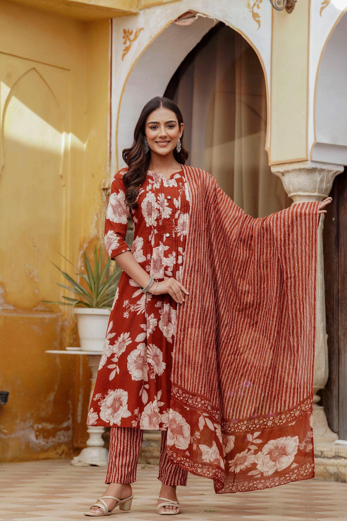 Floral Printed Cotton Kurta Set with Stripe Dupatta, Rust