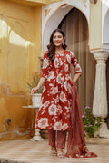 Rust colored cotton kurta with floral print and stripe dupatta