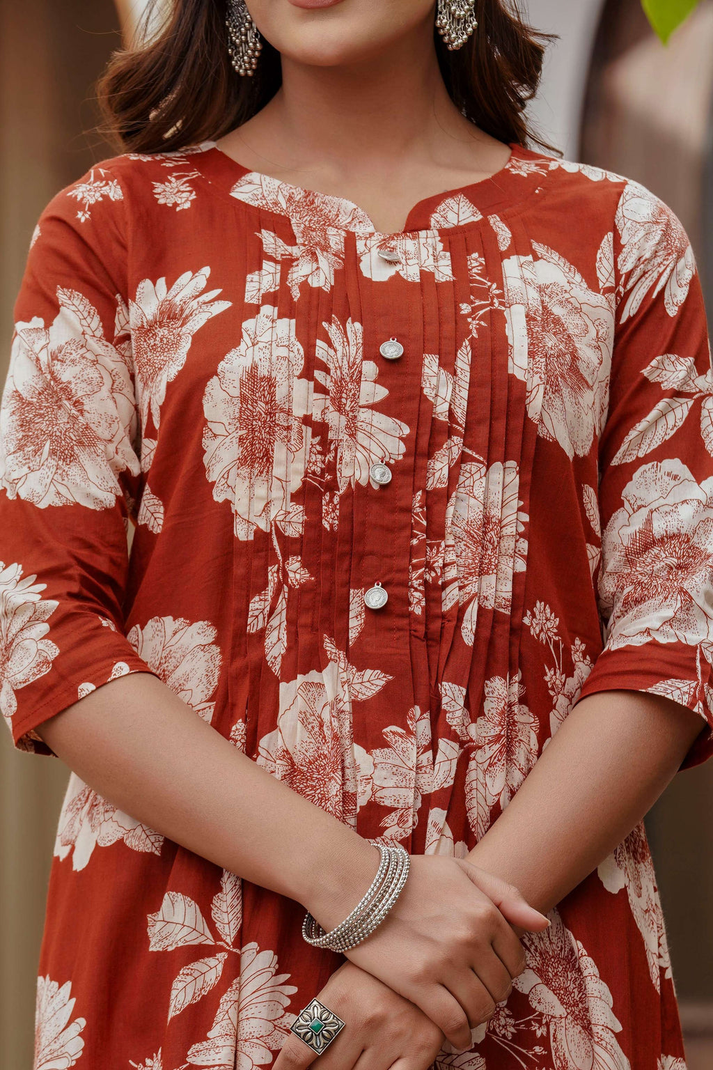 Floral Printed Cotton Kurta Set with Stripe Dupatta, Rust