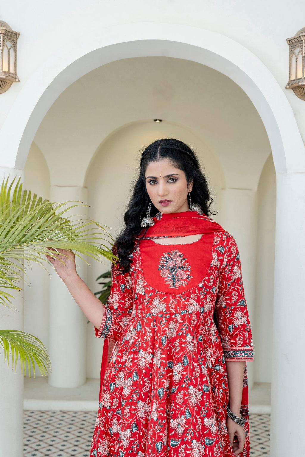 Red Floral Printed Anarkali Kurta Set with Dupatta