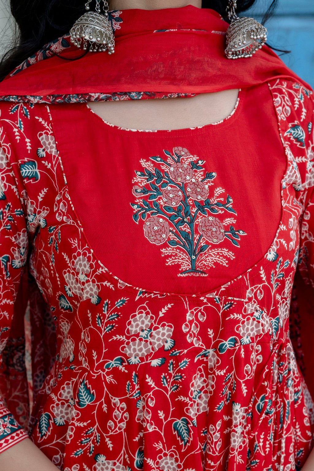 Red Floral Printed Anarkali Kurta Set with Dupatta