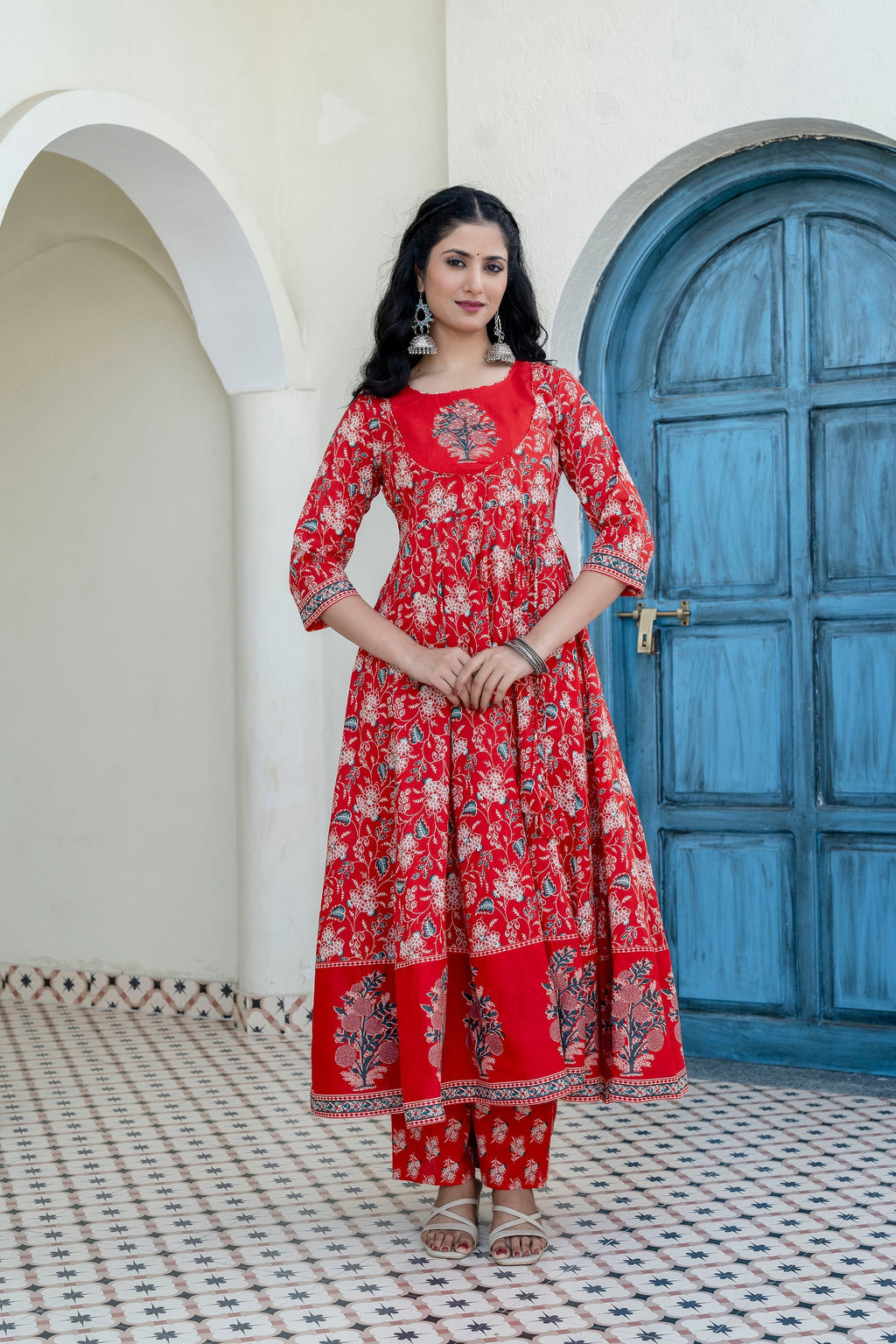 Red Floral Printed Anarkali Kurta Set with Dupatta