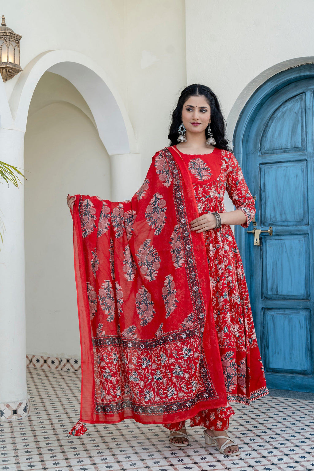 Red Floral Printed Anarkali Kurta Set with Dupatta
