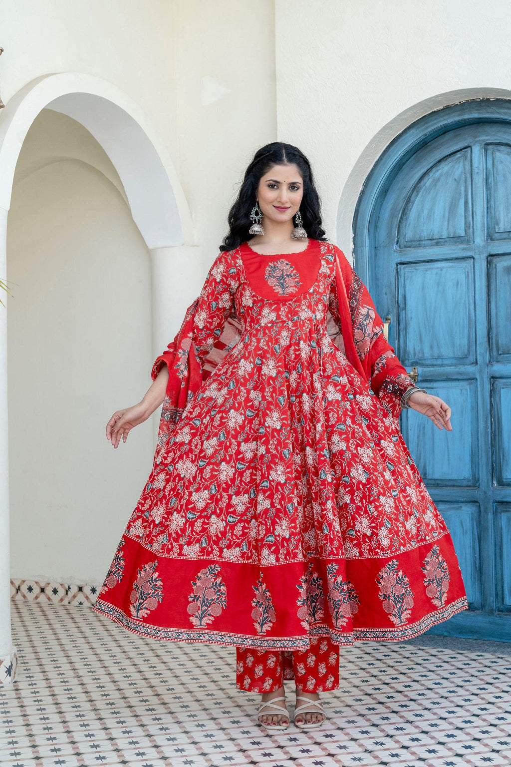Red Floral Printed Anarkali Kurta Set with Dupatta
